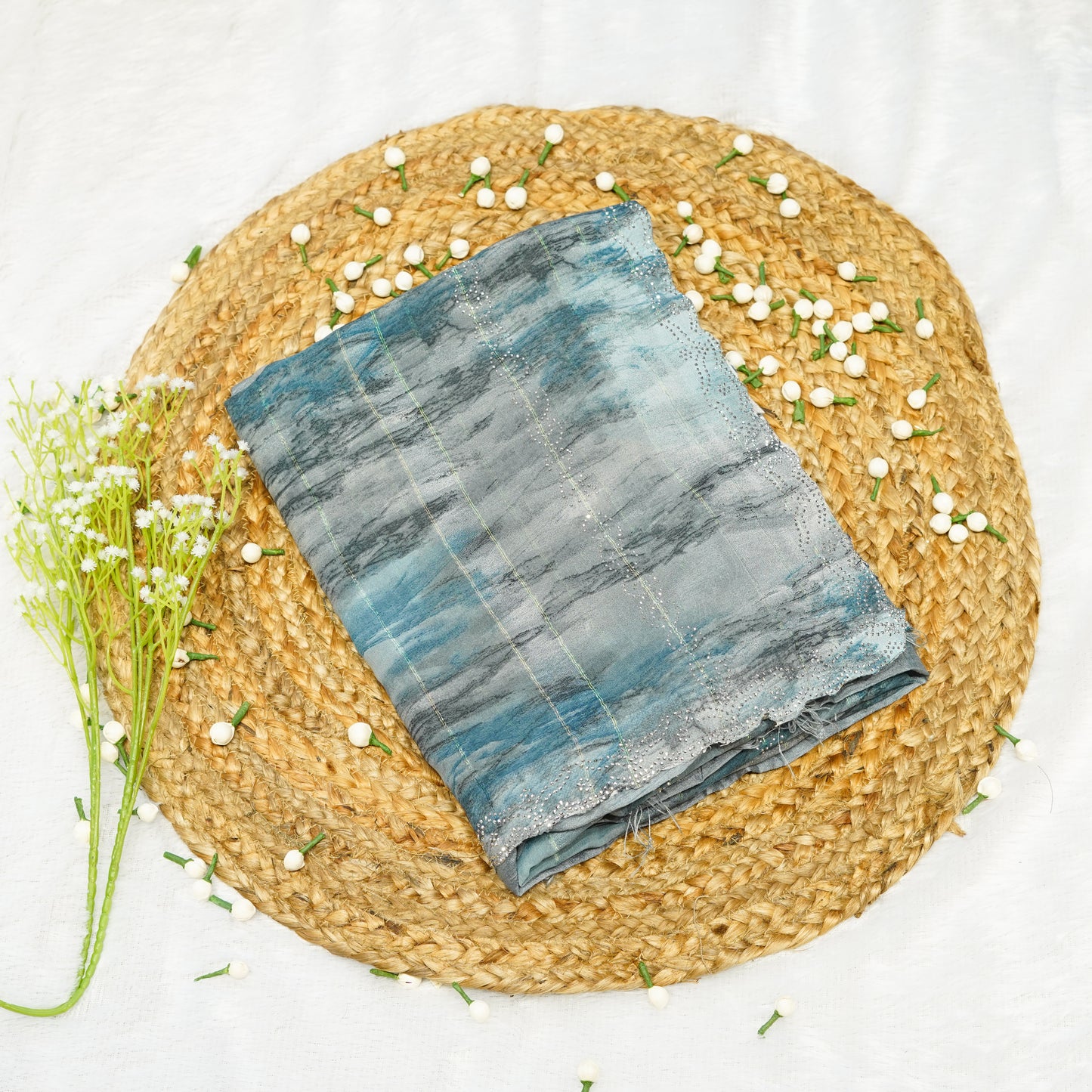 Blue Grey Marble Print Saree
