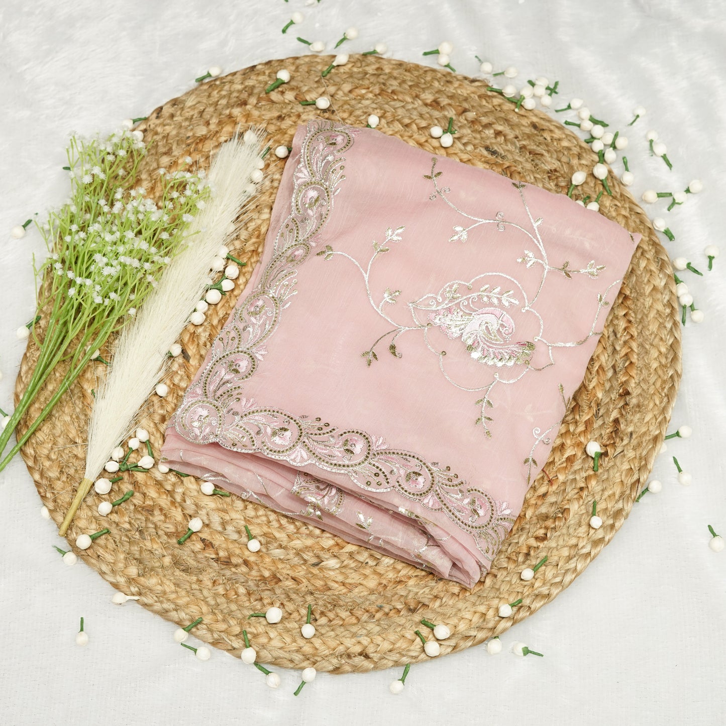 Pink chiffon Saree with silver embroidery work