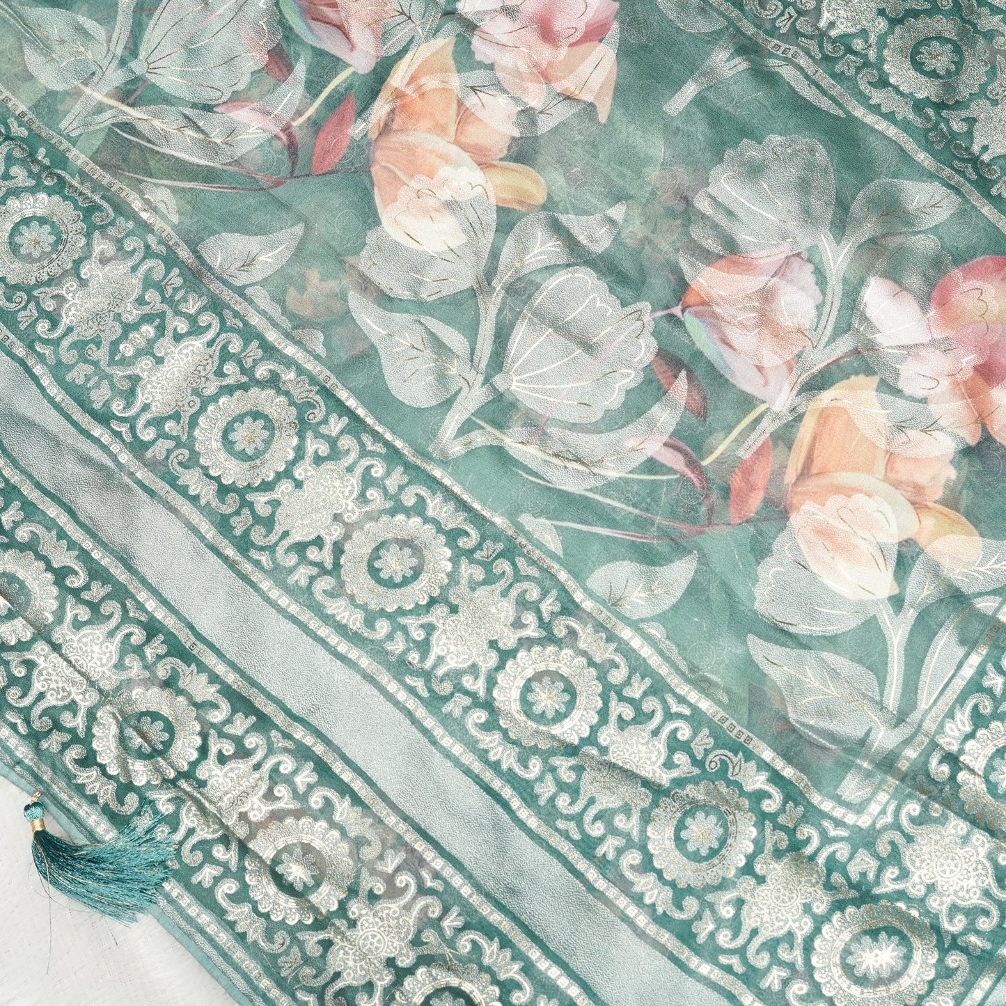 Blue georgette floral print with self weaving thread work