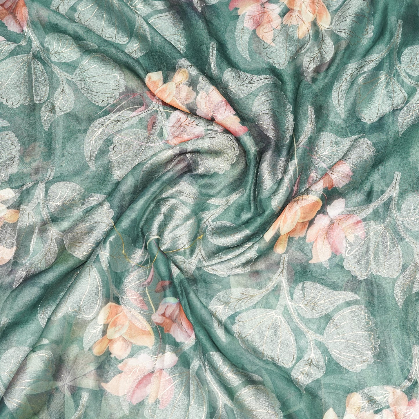 Blue georgette floral print with self weaving thread work