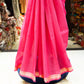 Pink  cotton linen saree with gold zari border