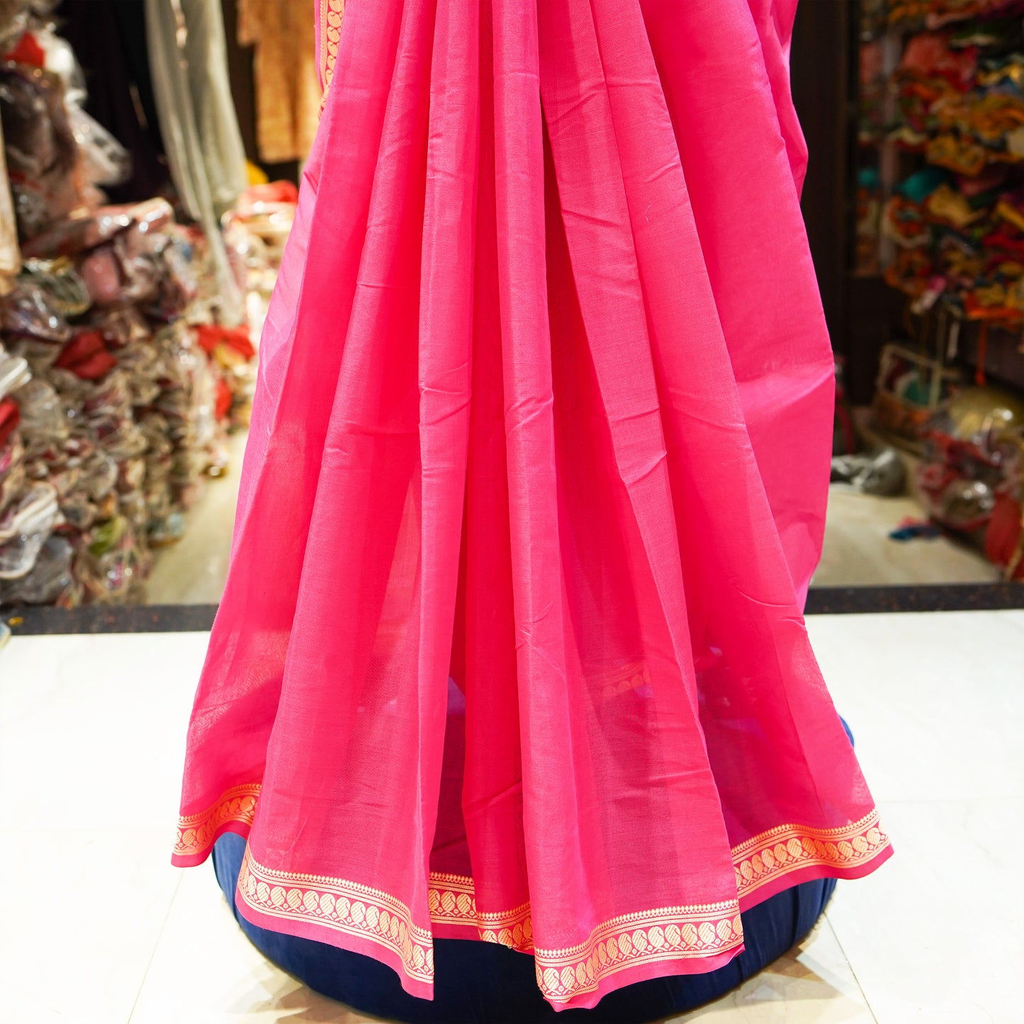 Pink  cotton linen saree with gold zari border