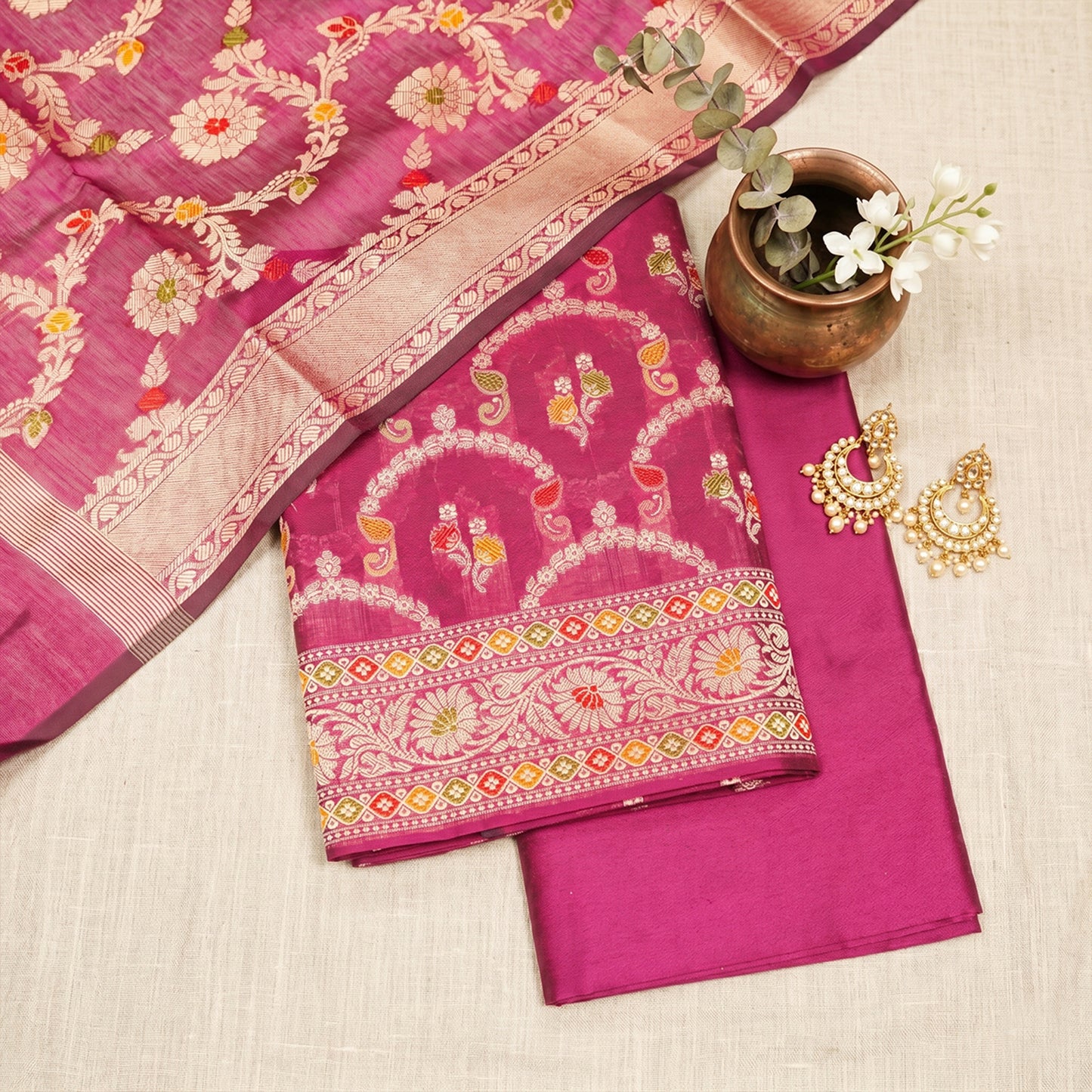 Purple Pink Cotton Banarasi Silk Fabric
