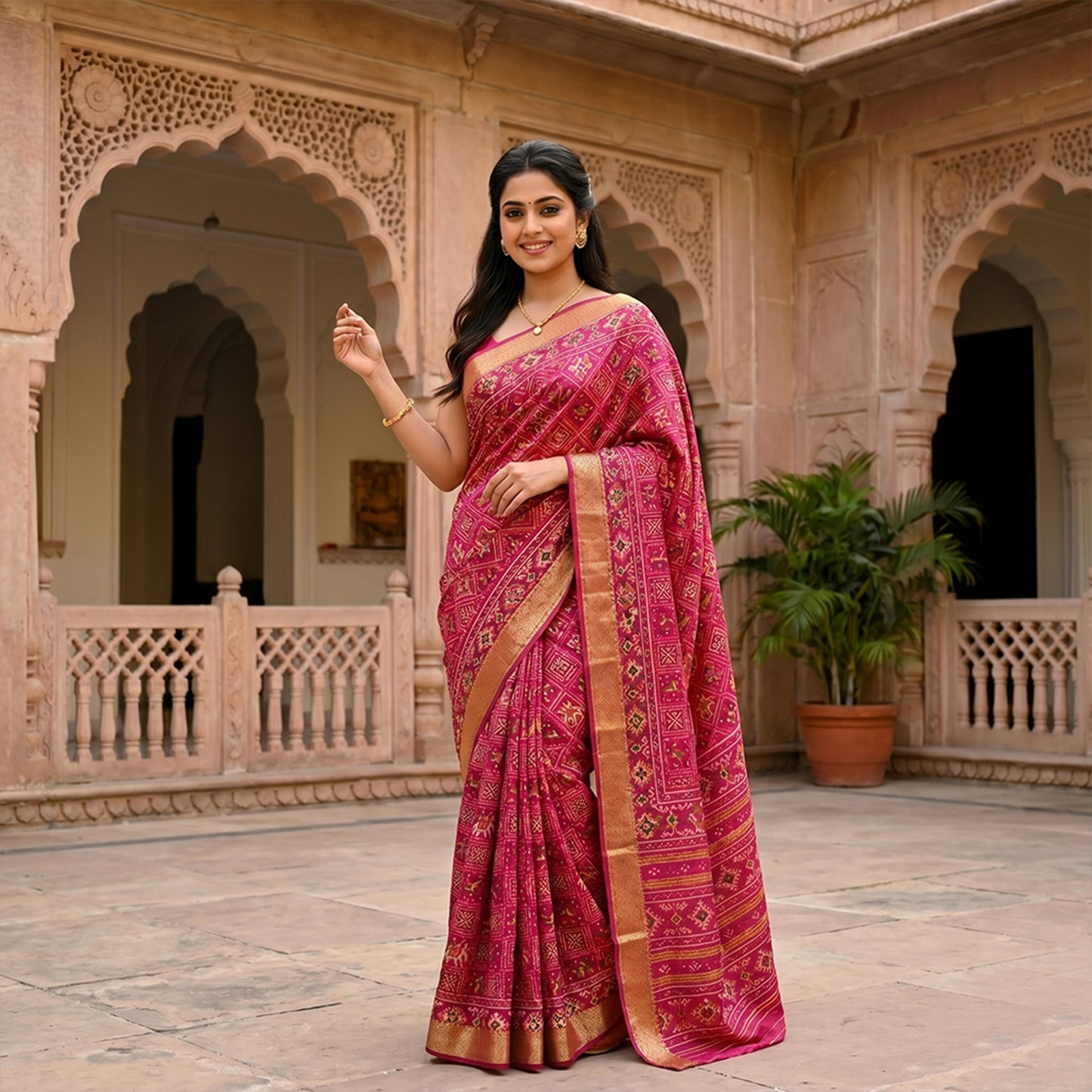 Chiffon crepe saree in Maroon Ghatchola design