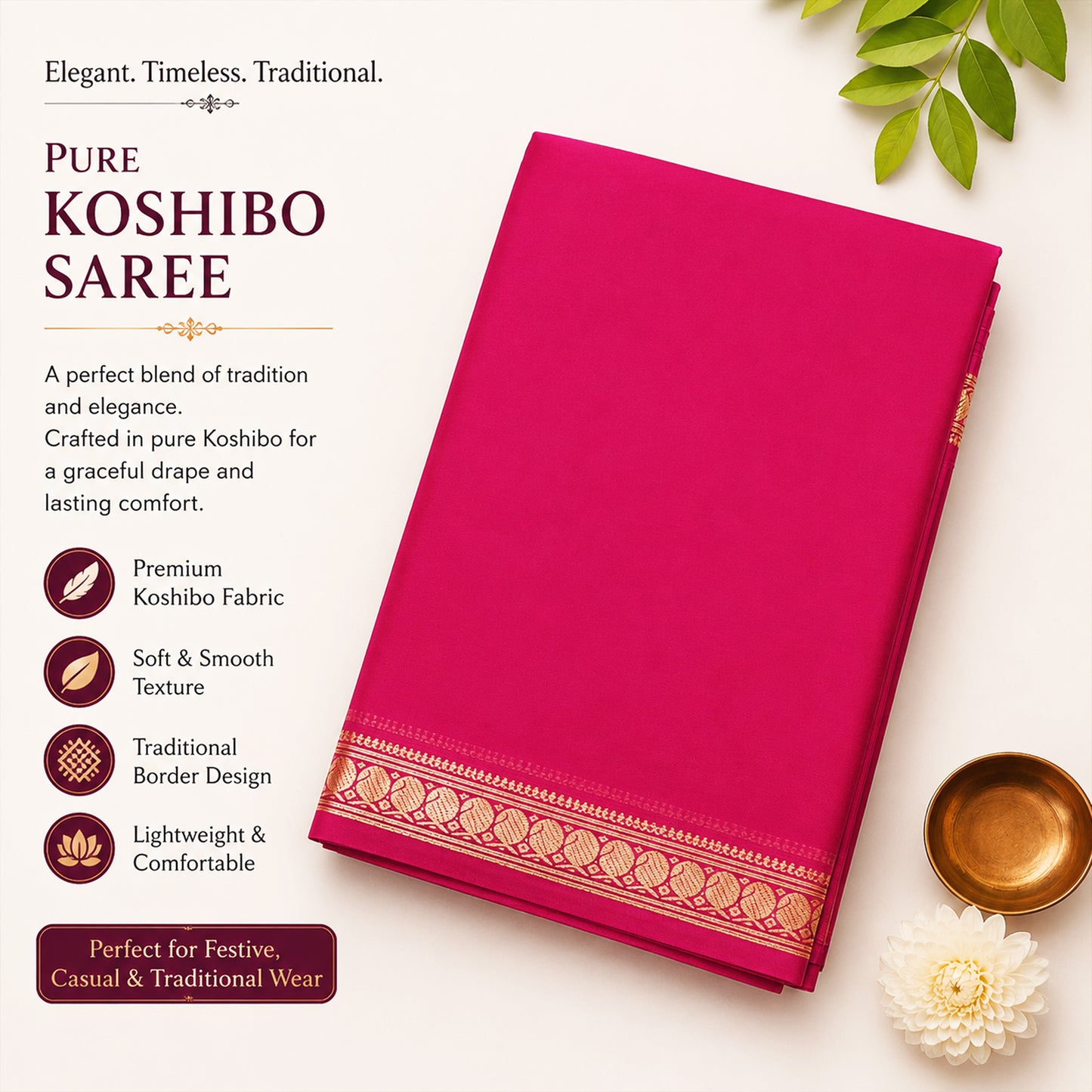Pink  cotton linen saree with gold zari border
