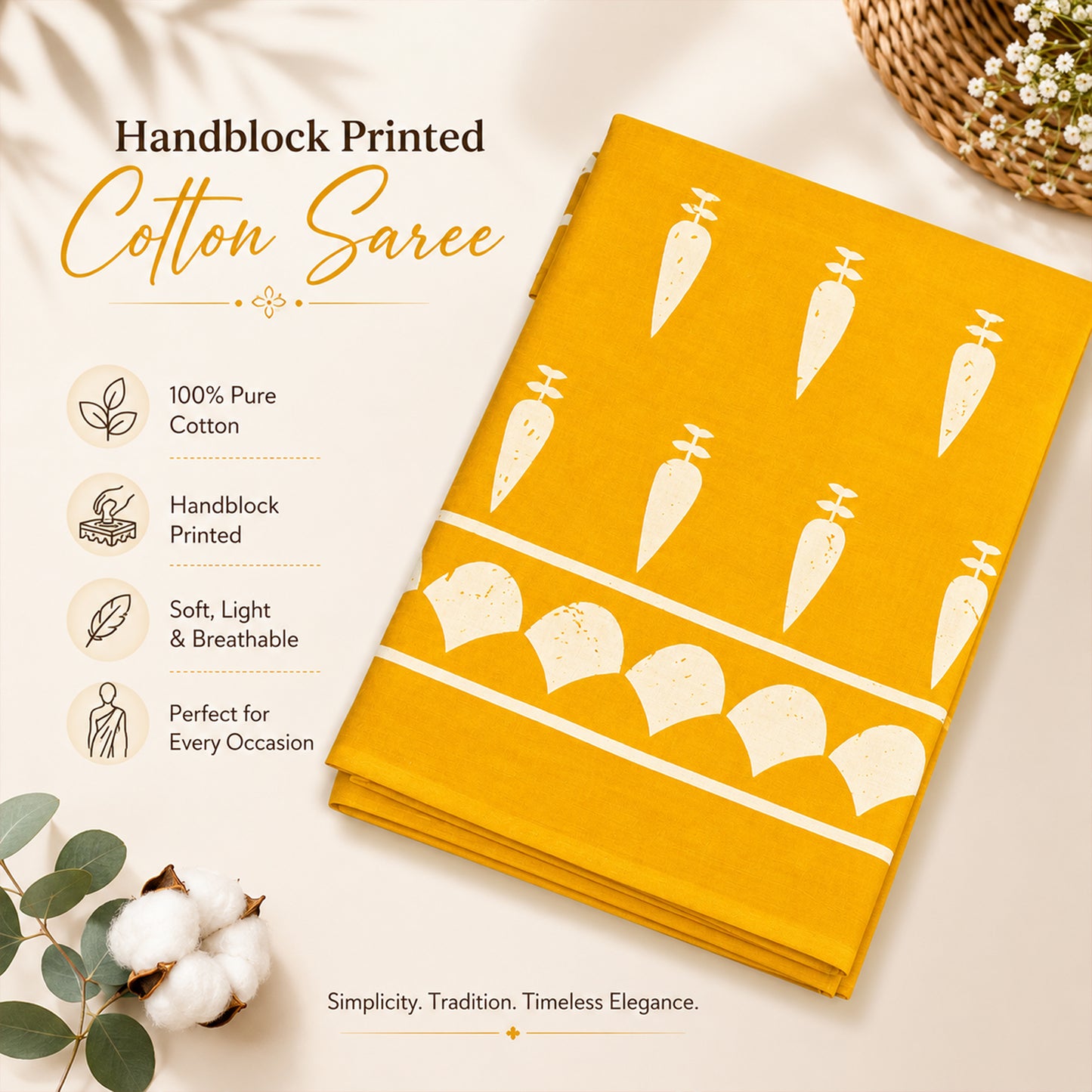 Mustard yellow cotton linen saree with Block print