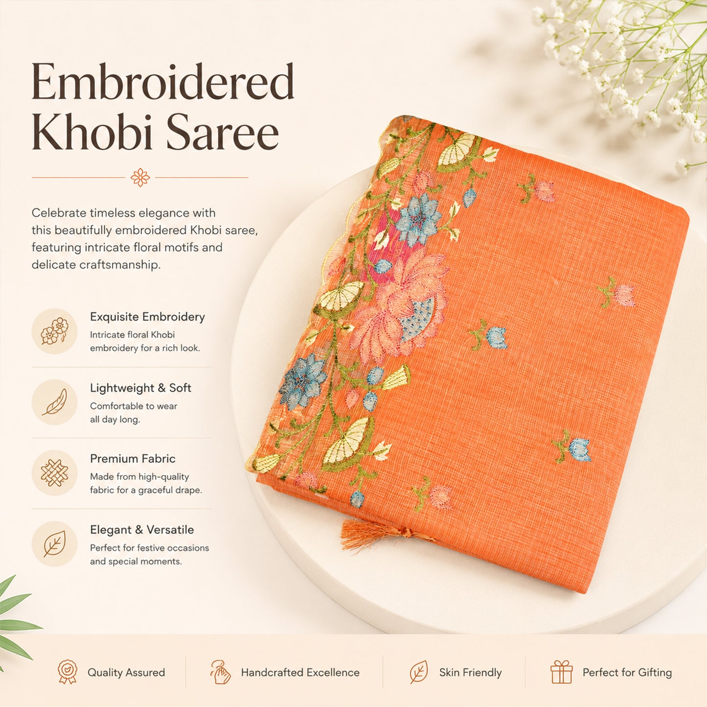 Orange Soft Cotton Linen Saree