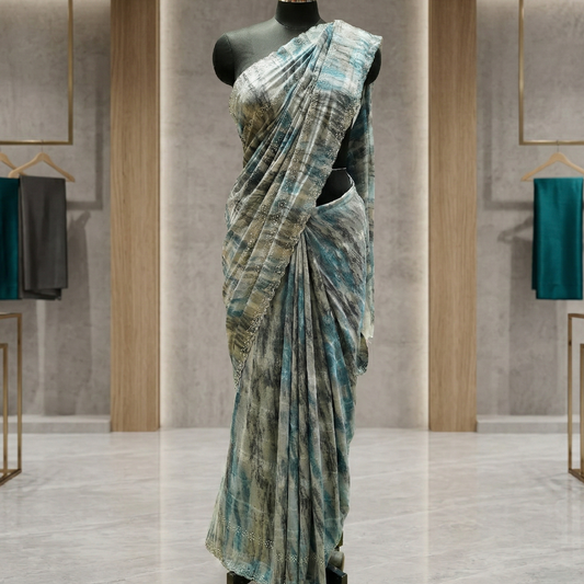 Blue Grey Marble Print Saree