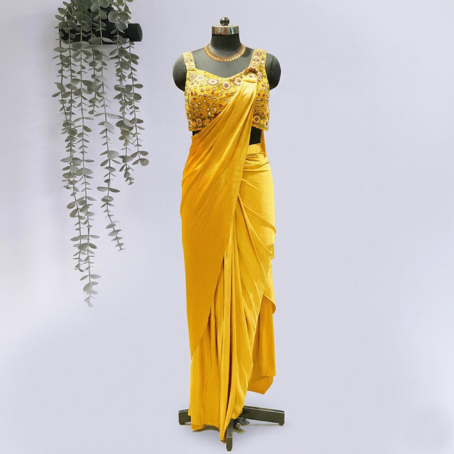 Mustard Yellow Mirror Work Saree