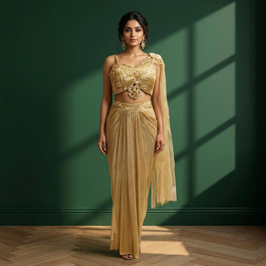 Champagne Gold Shimmer Lycra Saree