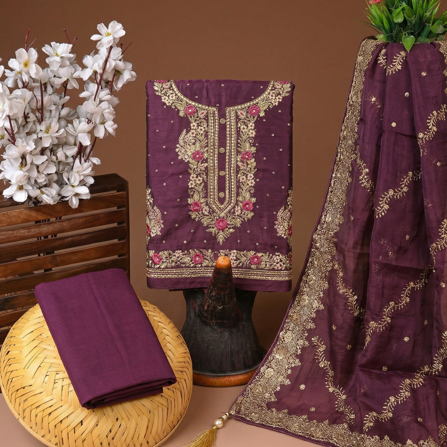 Wine Purple Crepe Silk 3-Piece Suit Fabric