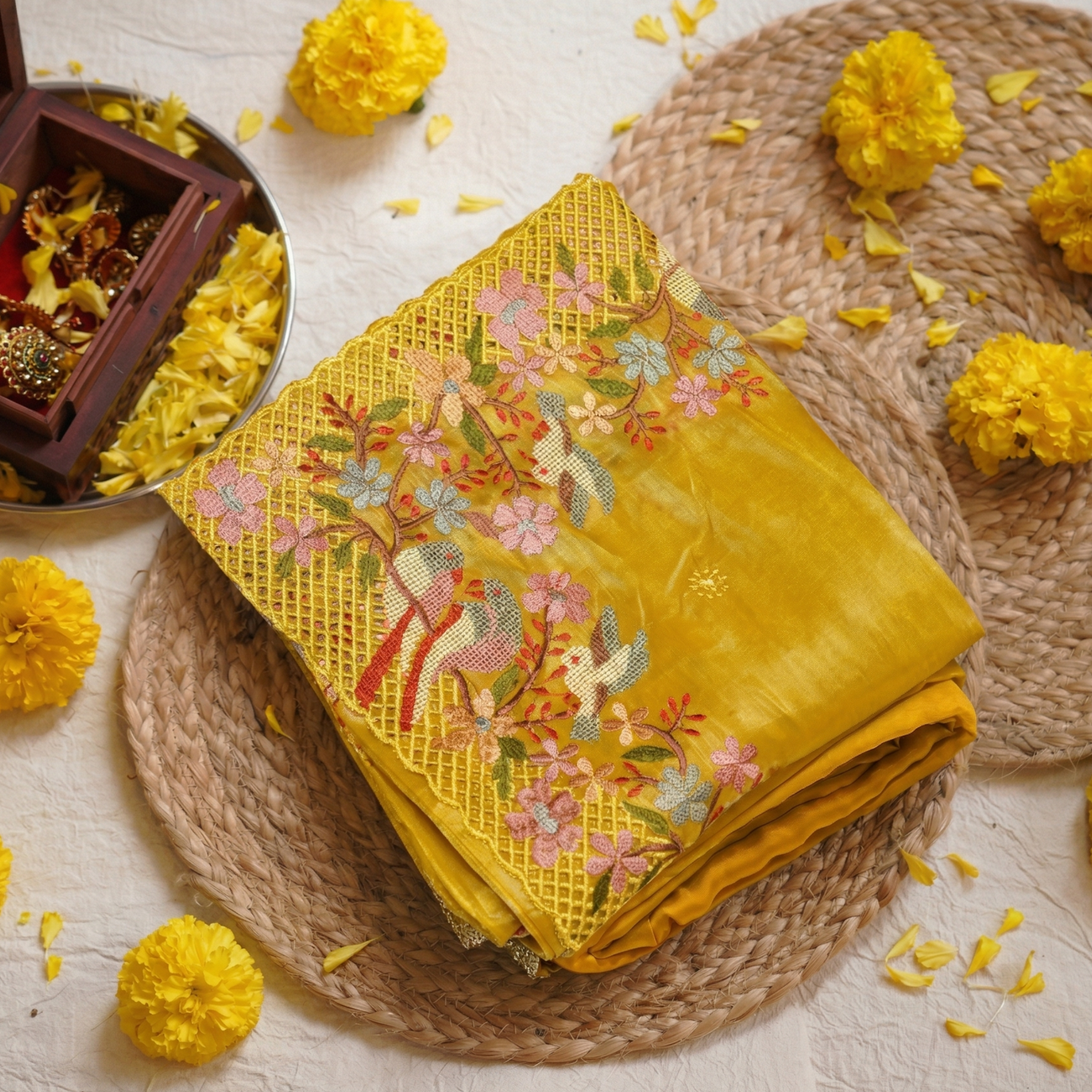 Mustard Yellow Embroidered saree