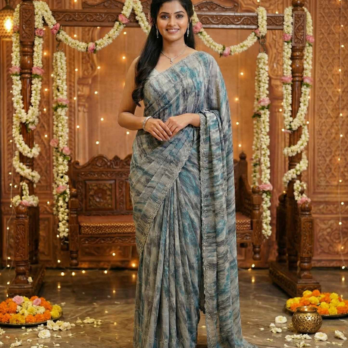 Blue Grey Marble Print Saree