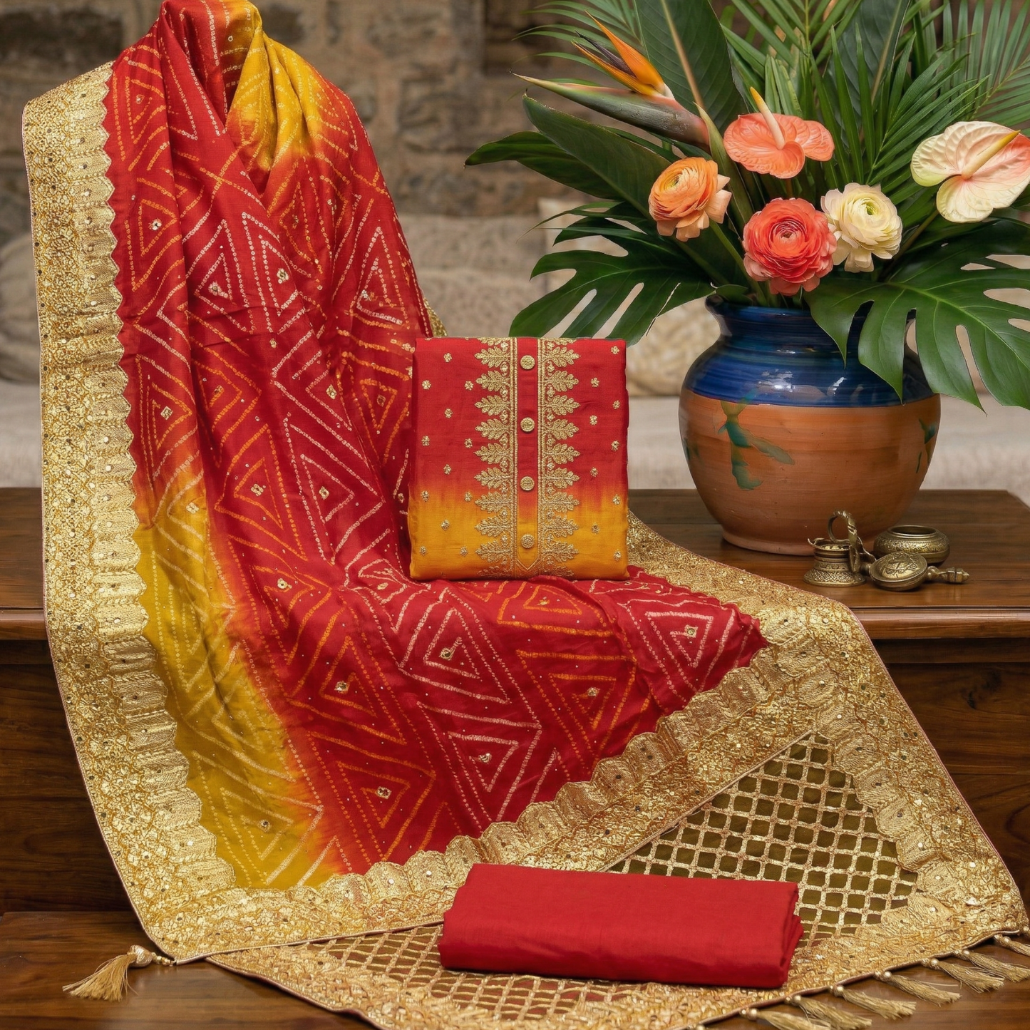 Red Pure Crepe Silk 3-Piece Suit Fabric