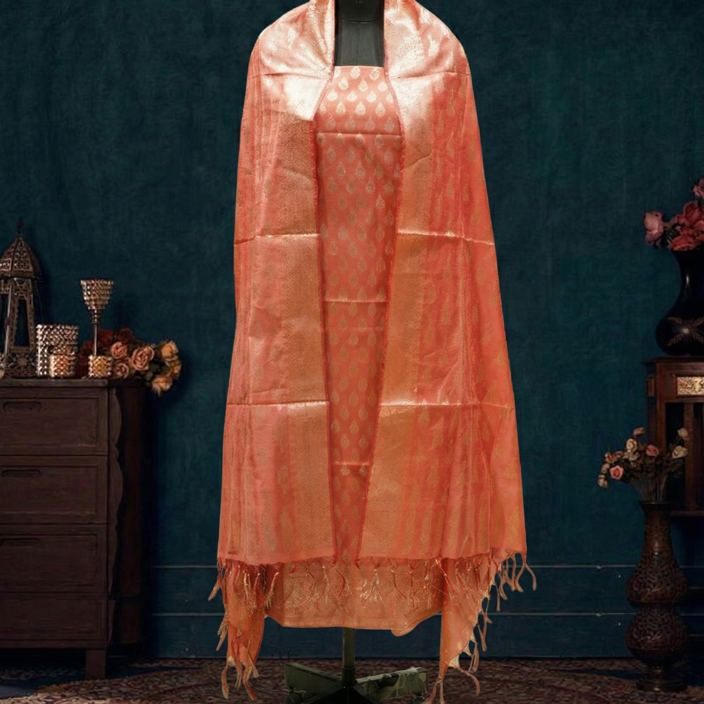 Rust Banarasi Silk 3-Piece Suit Fabric