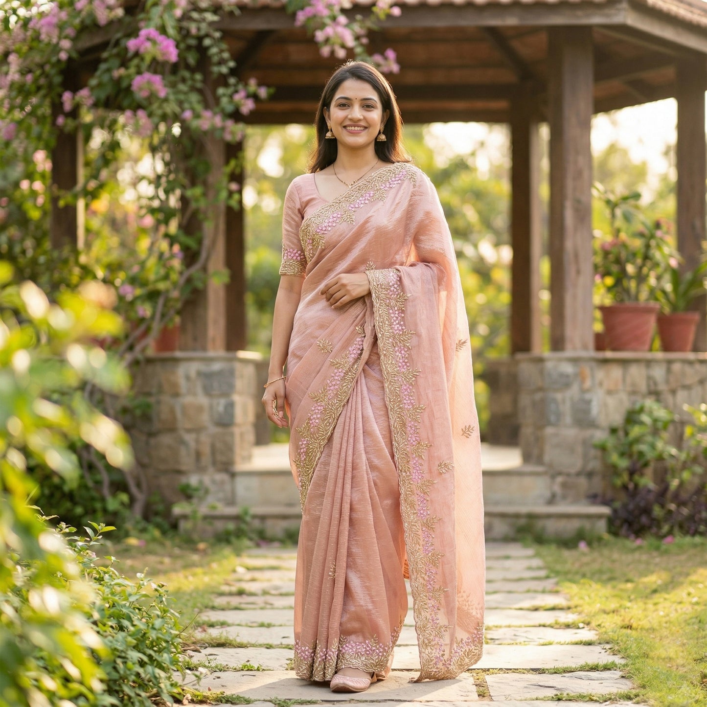 Onion Pink Wrinkle Tissue Silk Saree