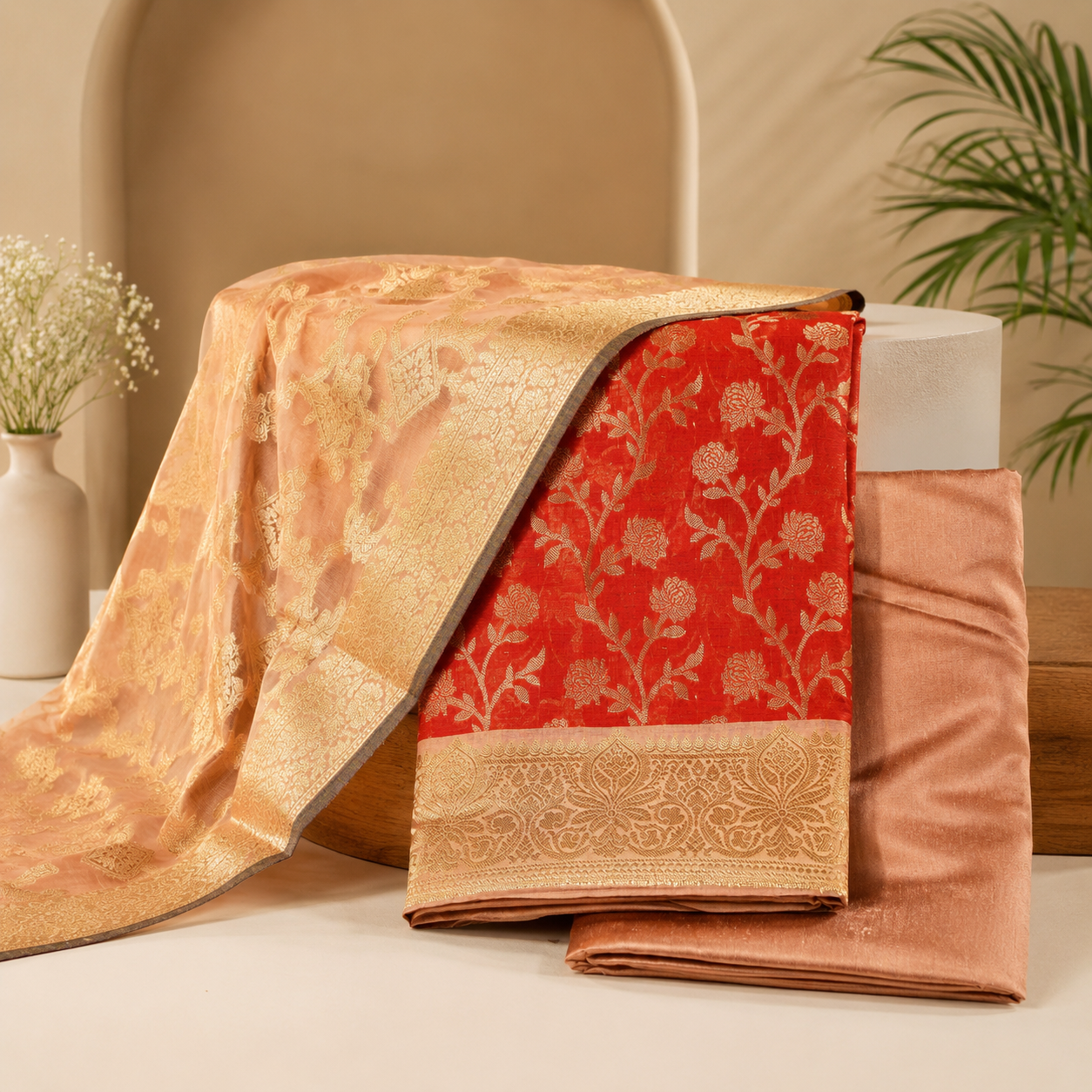 Maroon Pink & Rose Pink Cotton Banarasi Silk Fabric