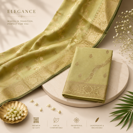 Light Green & Gold Banarasi Silk Fabric