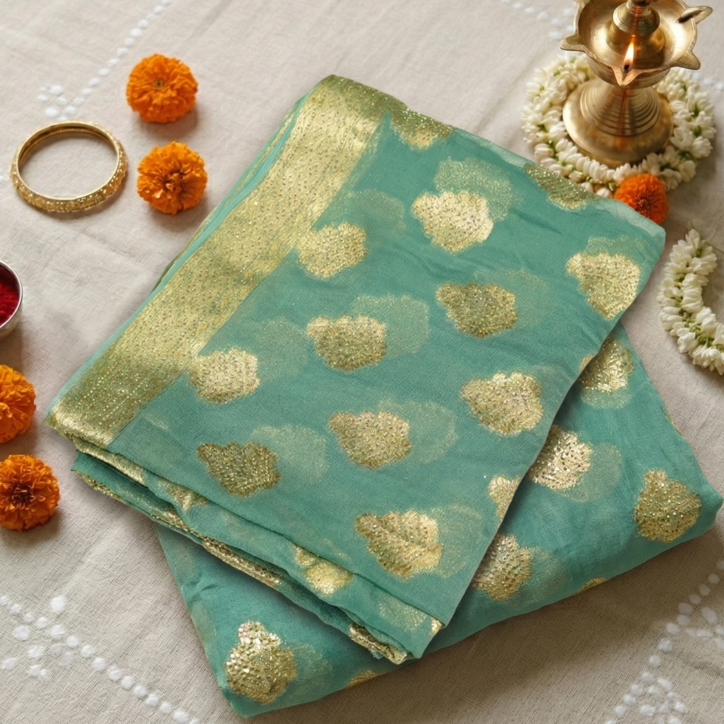 Firozi Chiffon Zari Saree
