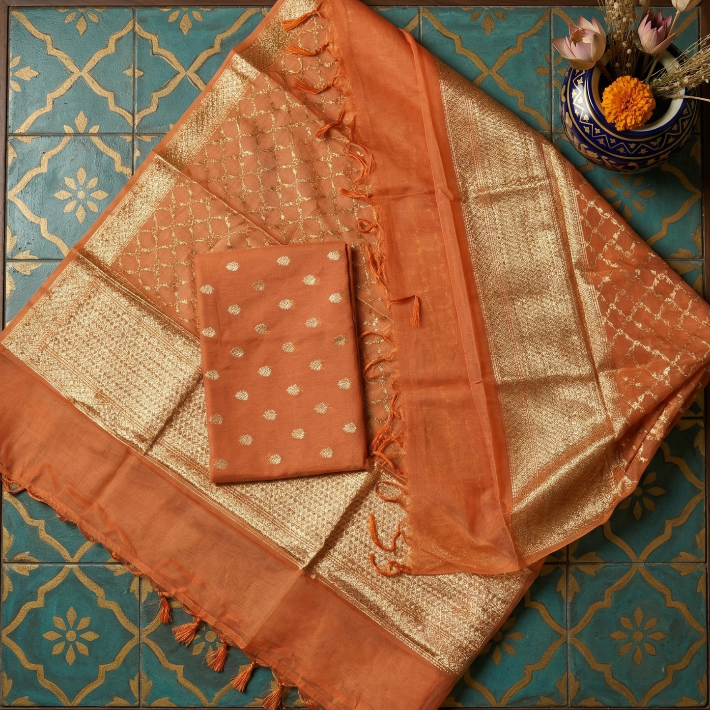 Rust Banarasi Silk 3-Piece Suit Fabric