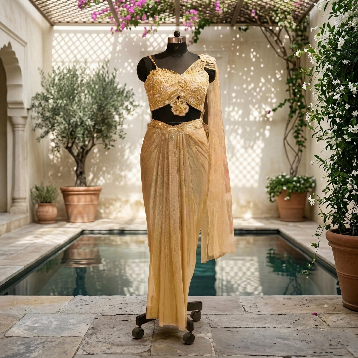 Champagne Gold Shimmer Lycra Saree