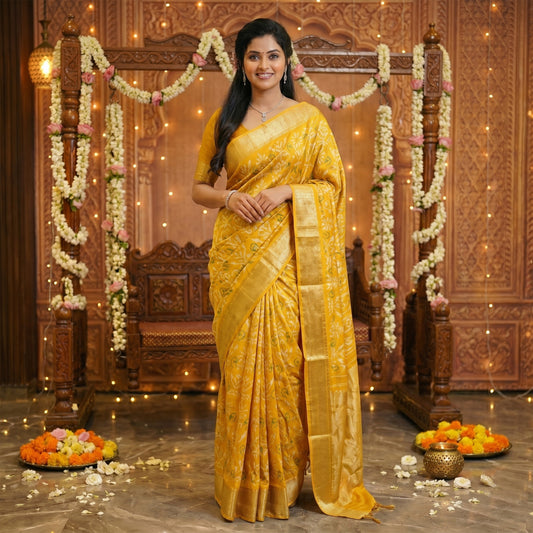 Yellow Semi Silk Bandhani Print Saree