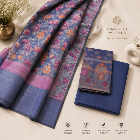 Navy Blue Banarasi Cotton Silk Fabric