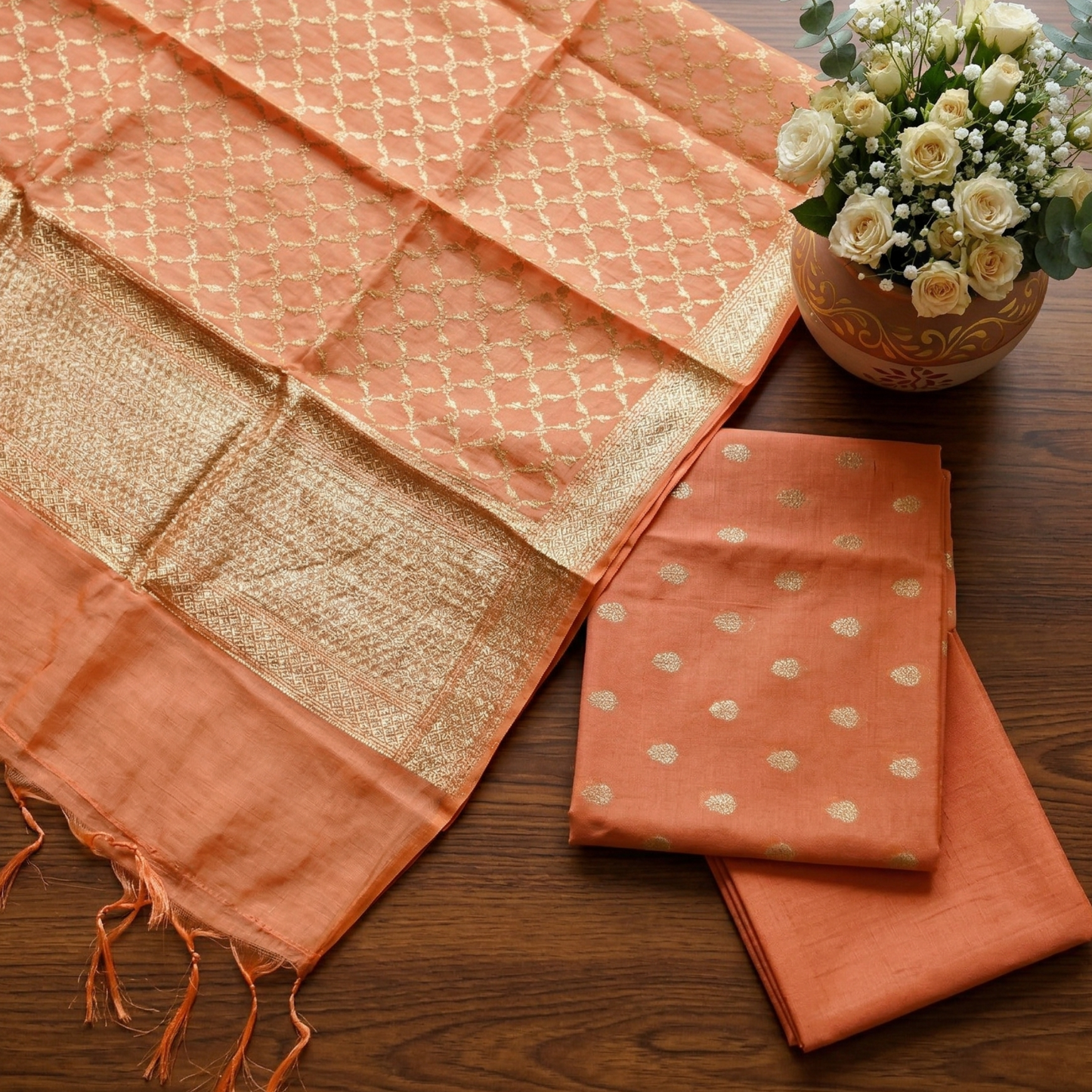 Rust Banarasi Silk 3-Piece Suit Fabric