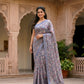 Lilac Blue floral design saree with gold silver zari border