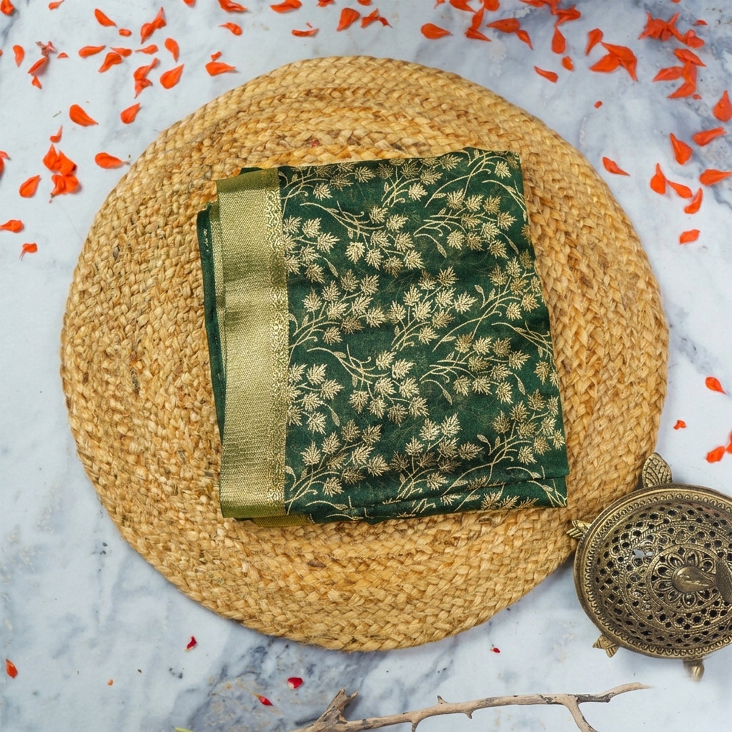Green Floral Zari Work Chiffon Crepe Saree