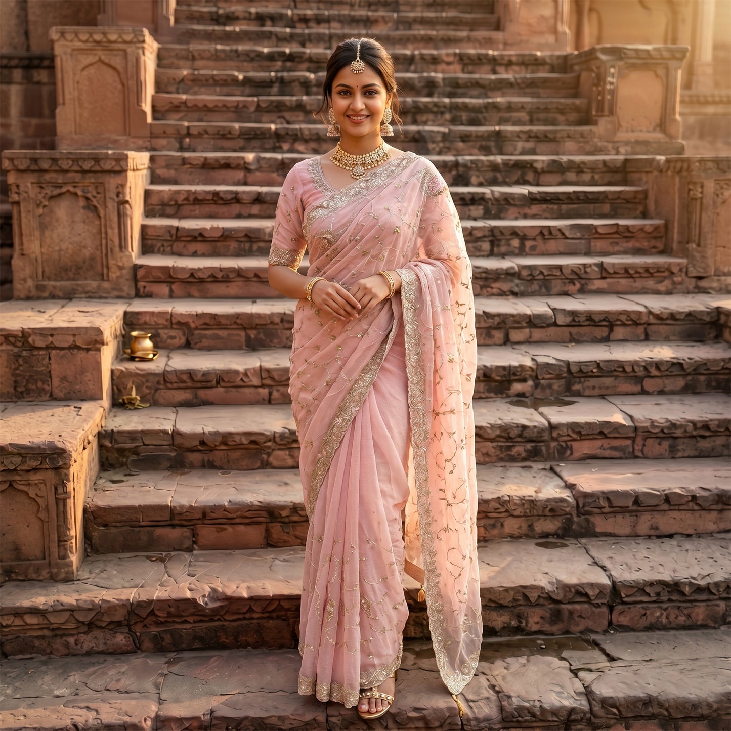 Pink chiffon Saree with silver embroidery work