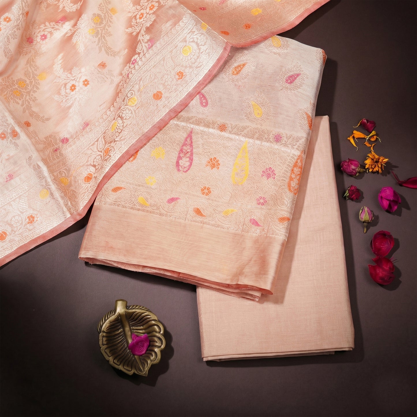 Peach Orange Banarasi Silk Fabric