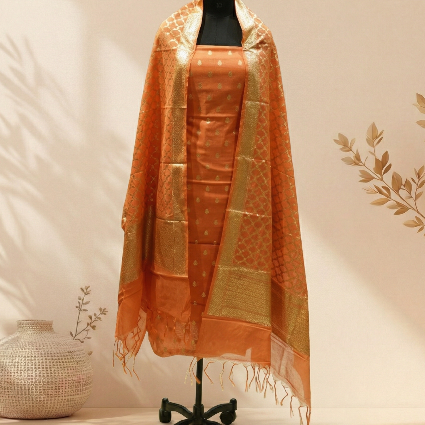 Rust Banarasi Silk 3-Piece Suit Fabric