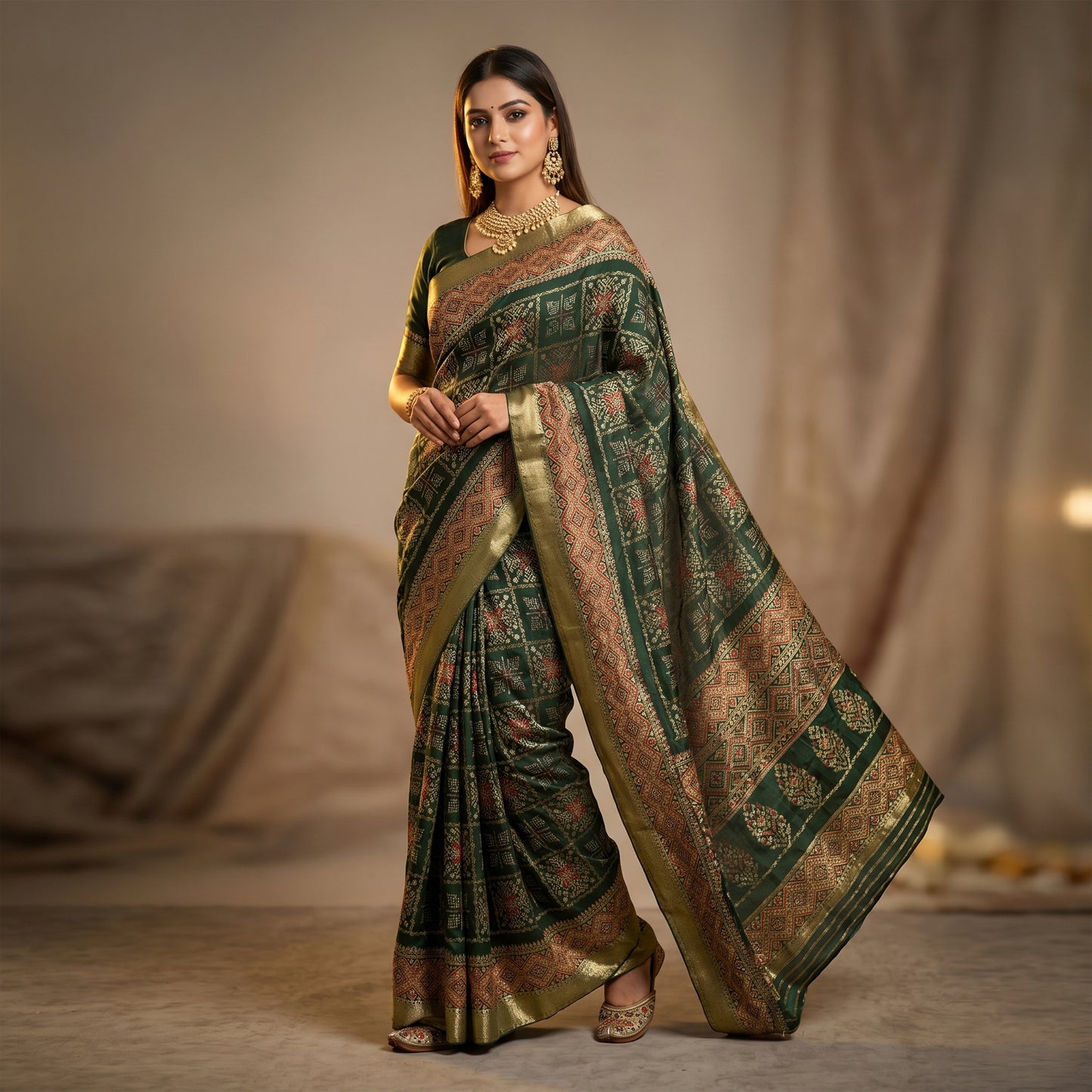 Green Georgette Bandhani Print Saree