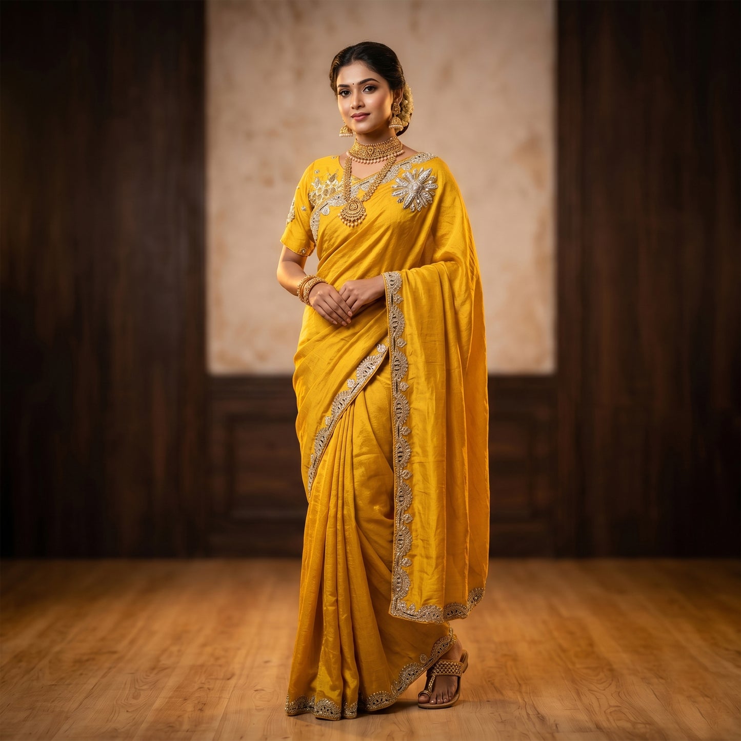 Yellow crepe saree with olive embroidery work and stitched blouse