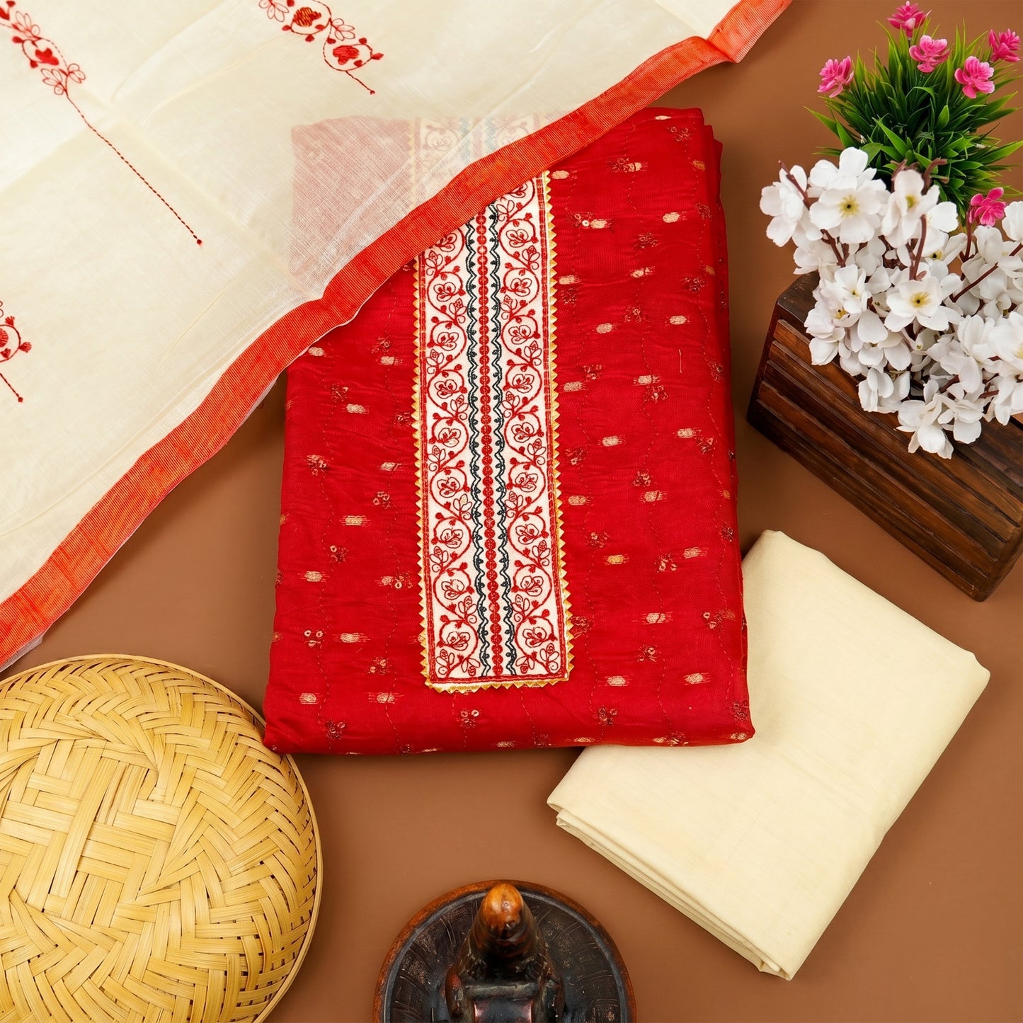 Red Chanderi Silk 3-Piece Suit Fabric