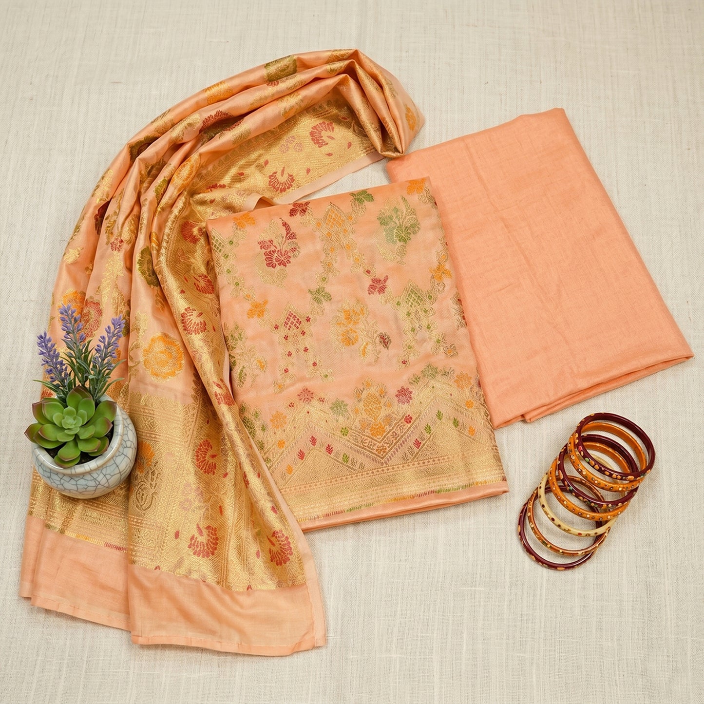 Peach Orange Banarasi Silk Fabric