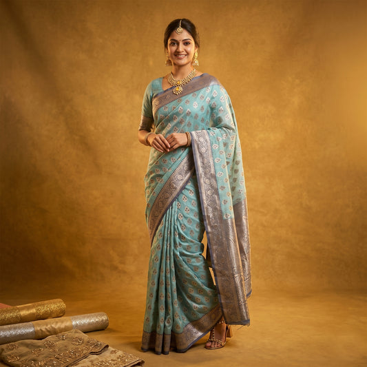 Sky blue cotton silk saree