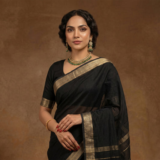 Soft Cotton black saree with Zari border work