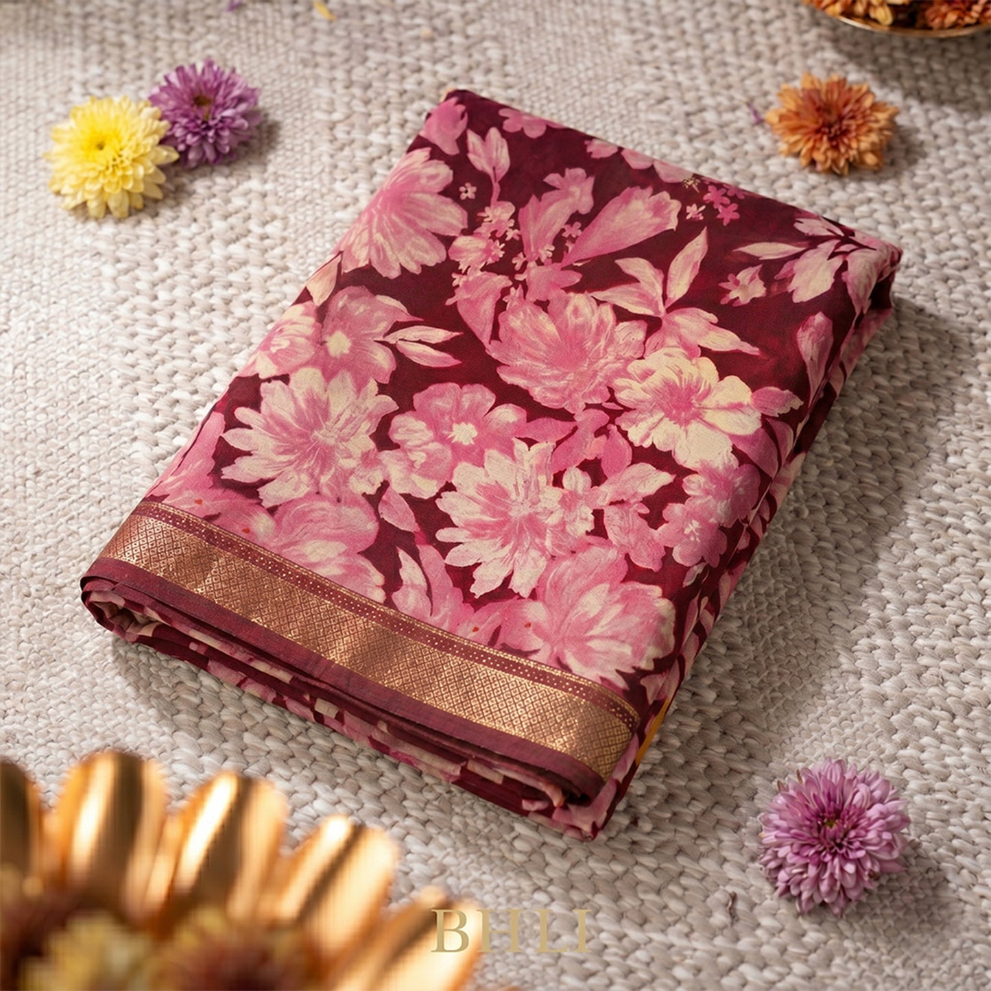 Wine Colour Crepe Saree with floral print