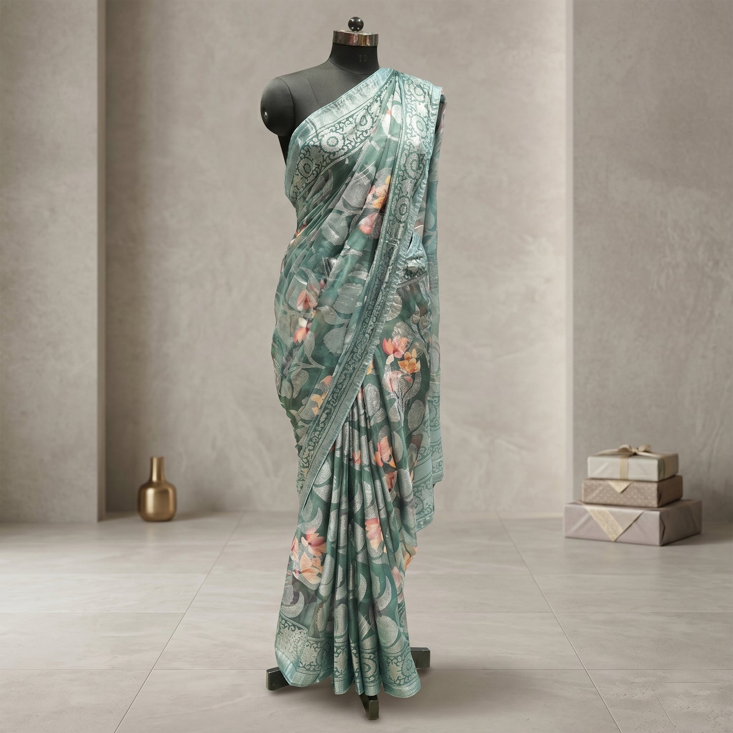 Blue georgette floral print with self weaving thread work