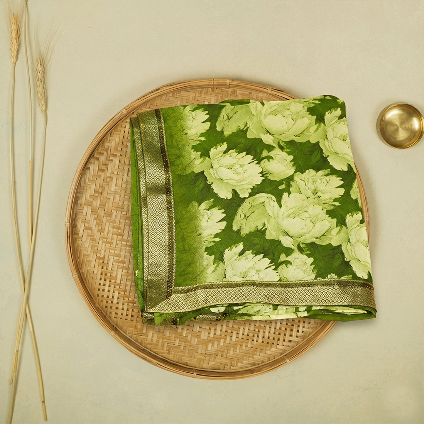 Green crepe saree with floral Print and swaroski border