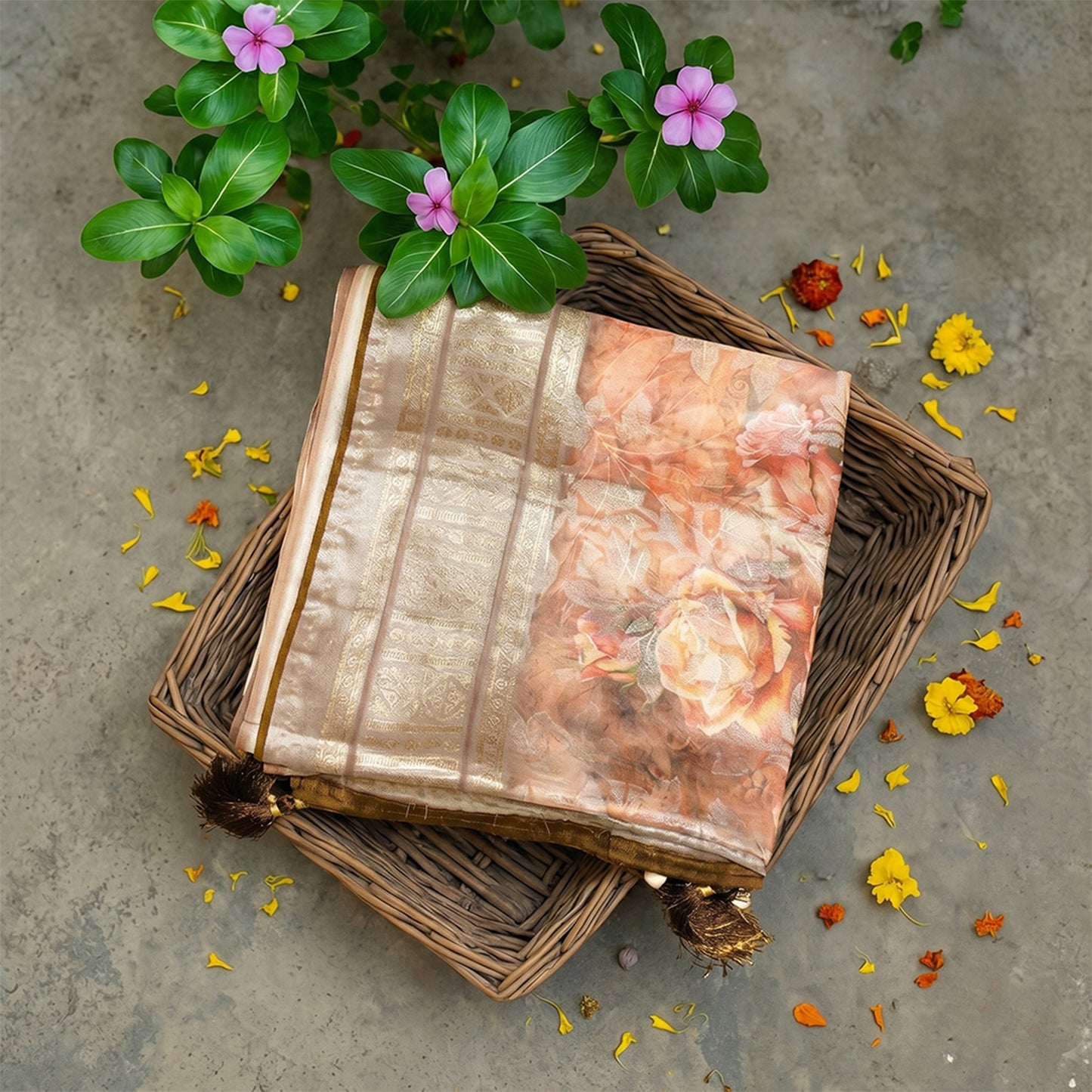 Brown multicolour floral work chiffon saree