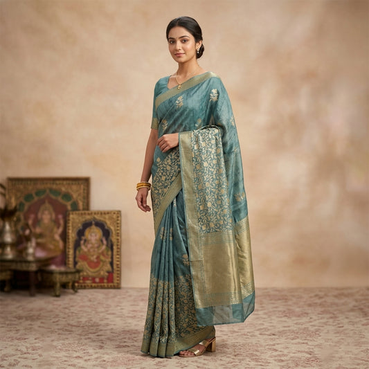 Blue Crepe Saree with Floral Design & Gold Zari Work