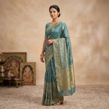 Blue Crepe Saree with Floral Design & Gold Zari Work
