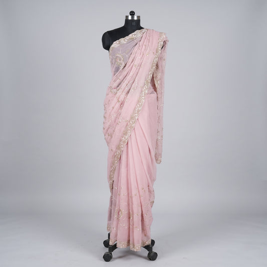 Pink chiffon Saree with silver embroidery work