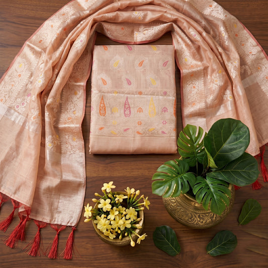 Peach Orange Banarasi Silk Fabric