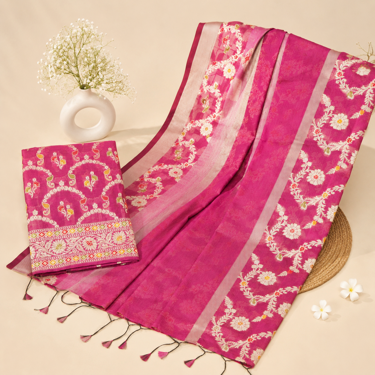 Purple Pink Cotton Banarasi Silk Fabric