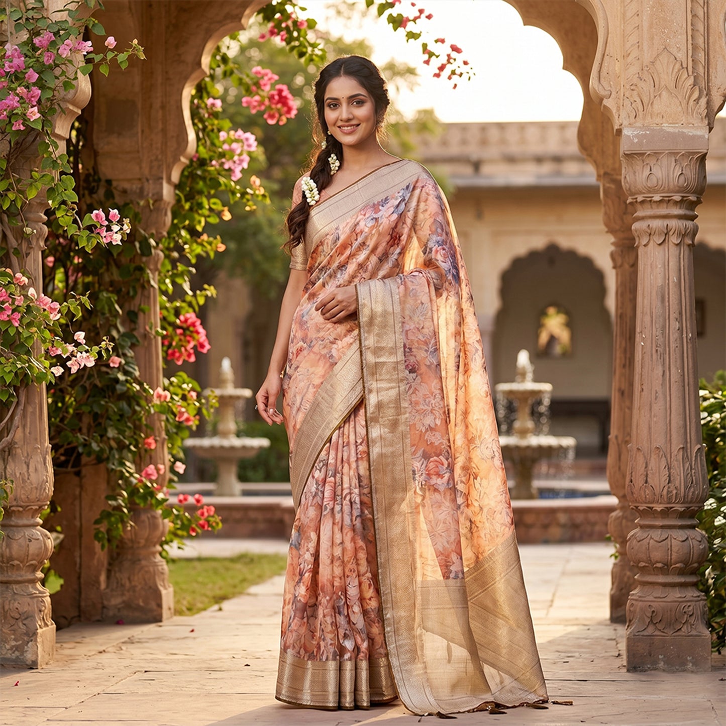 Brown multicolour floral work chiffon saree
