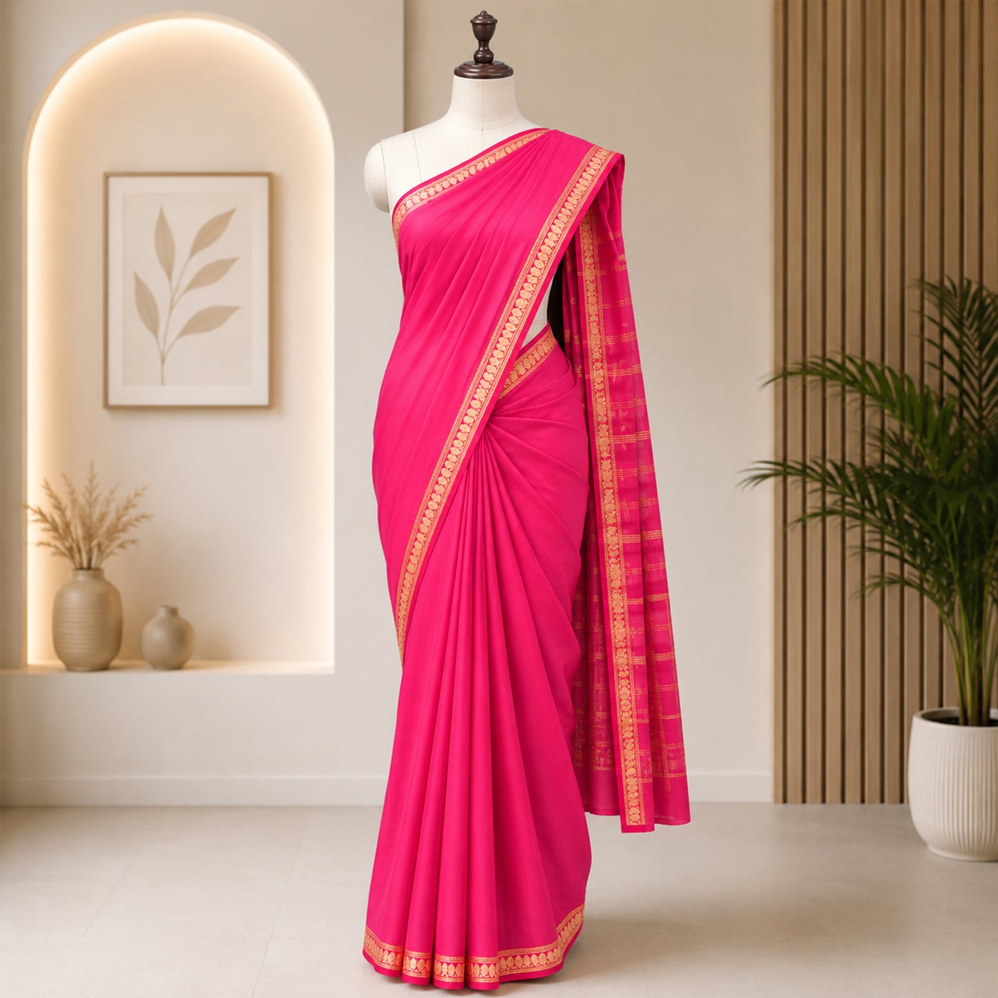 Pink  cotton linen saree with gold zari border